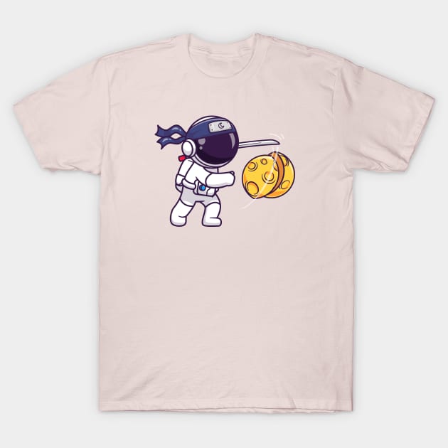 Cute Astronaut Ninja Slash Moon With Sword Cartoon T-Shirt by Catalyst Labs